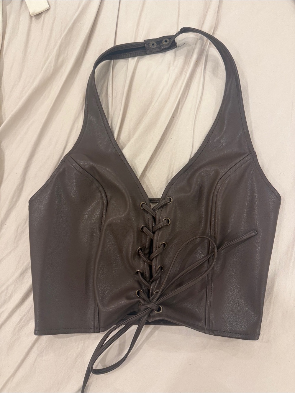Garage Faux Leather Lace-Up Halter Crop Top - Brown